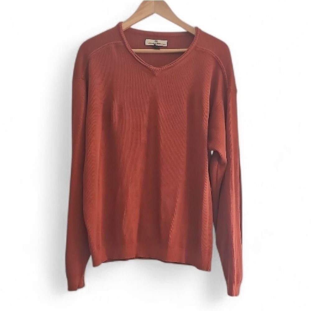 Tommy Bahama Silk Cotton Sweater Men’s XL Rust Lightweight V Neck Resortwear